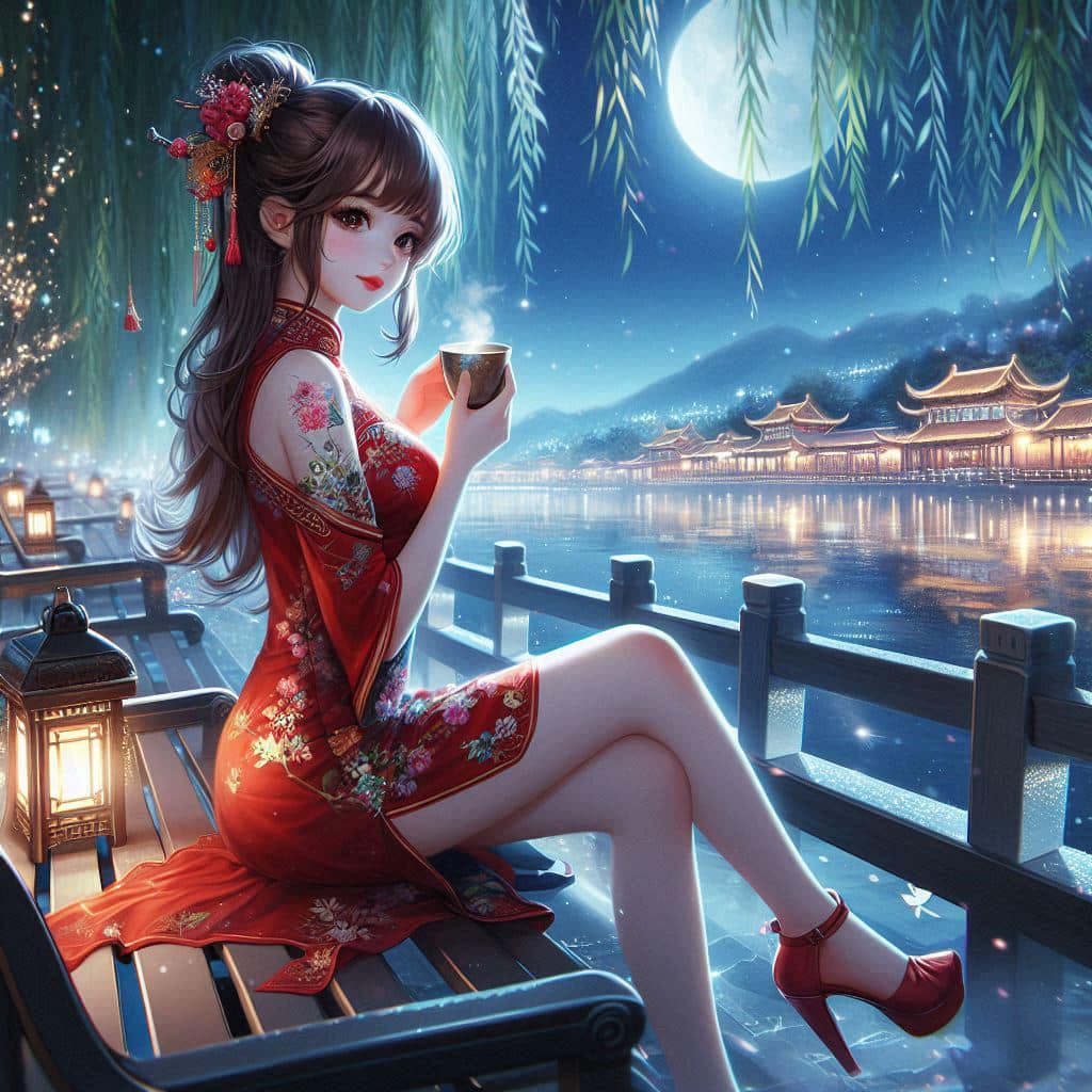 Night by the lake. Charming moon