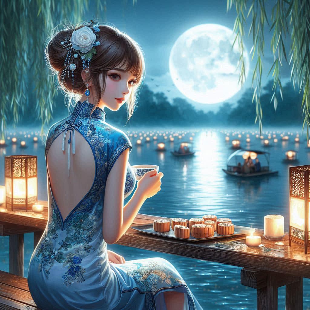 Night by the lake. Charming moon