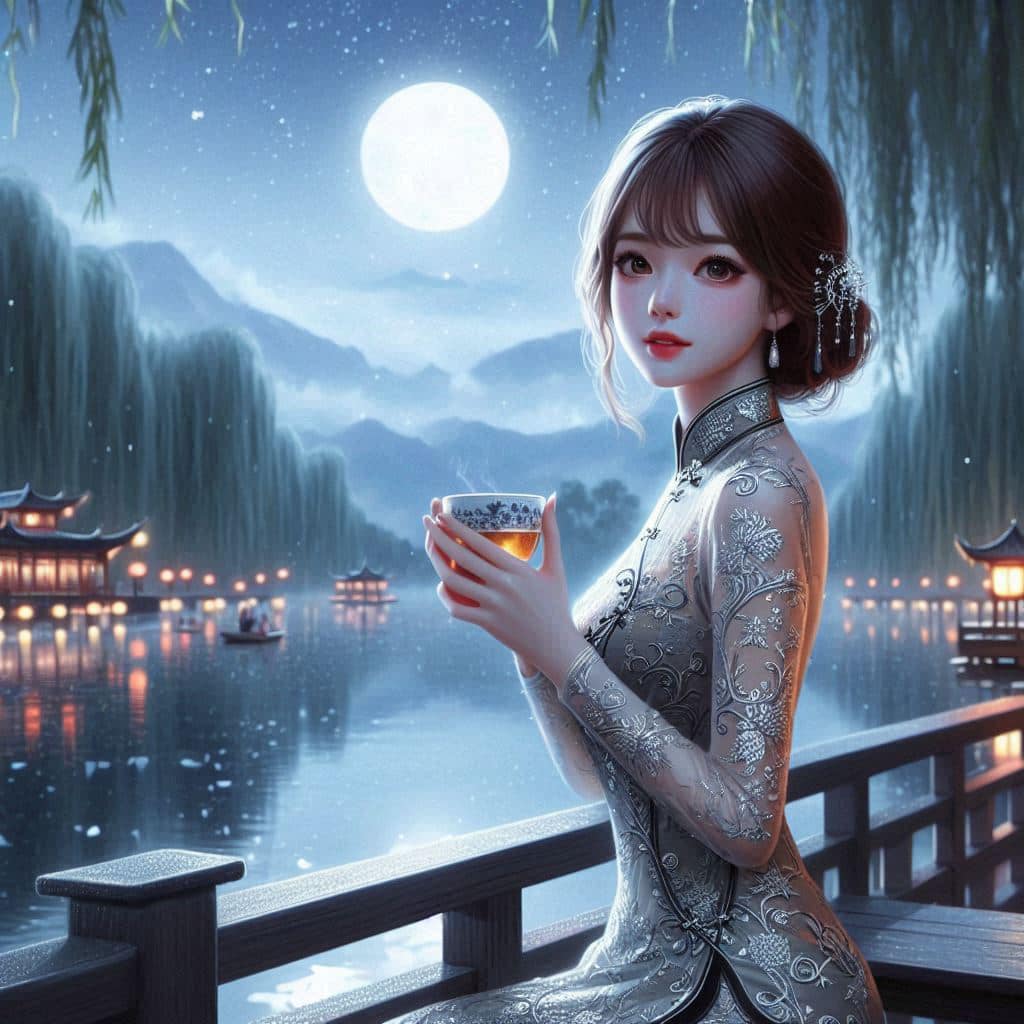 Night by the lake. Charming moon