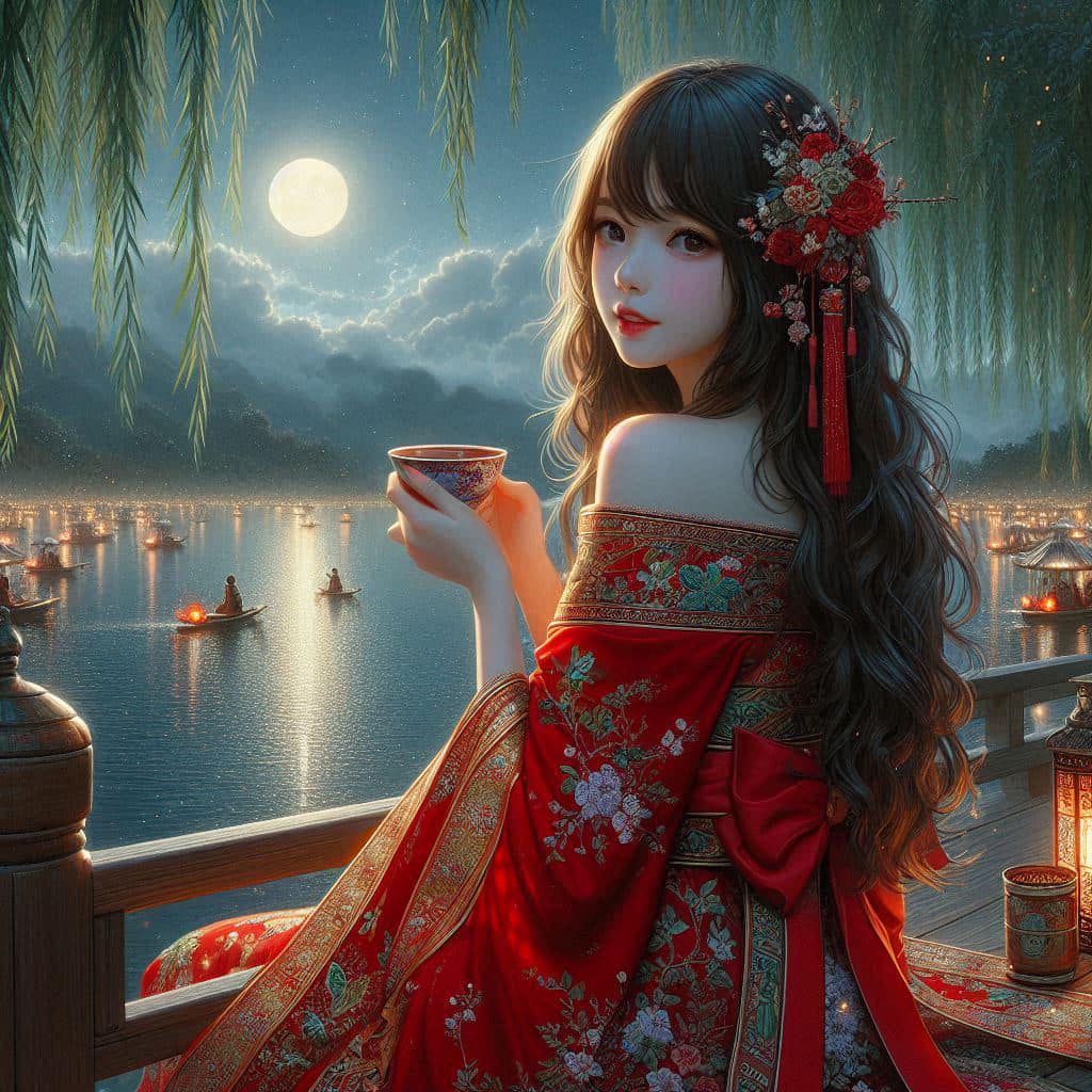 Night by the lake. Charming moon