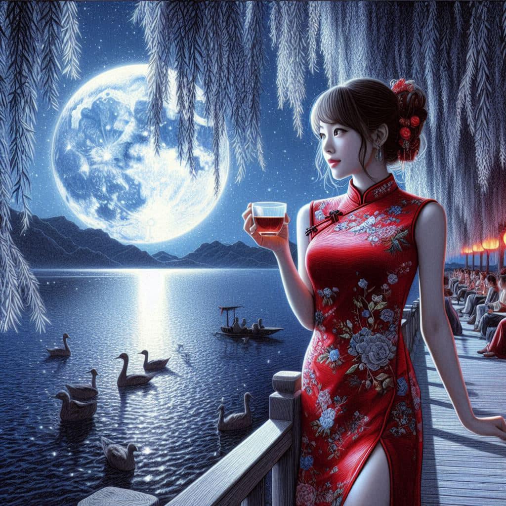 Night by the lake. Charming moon