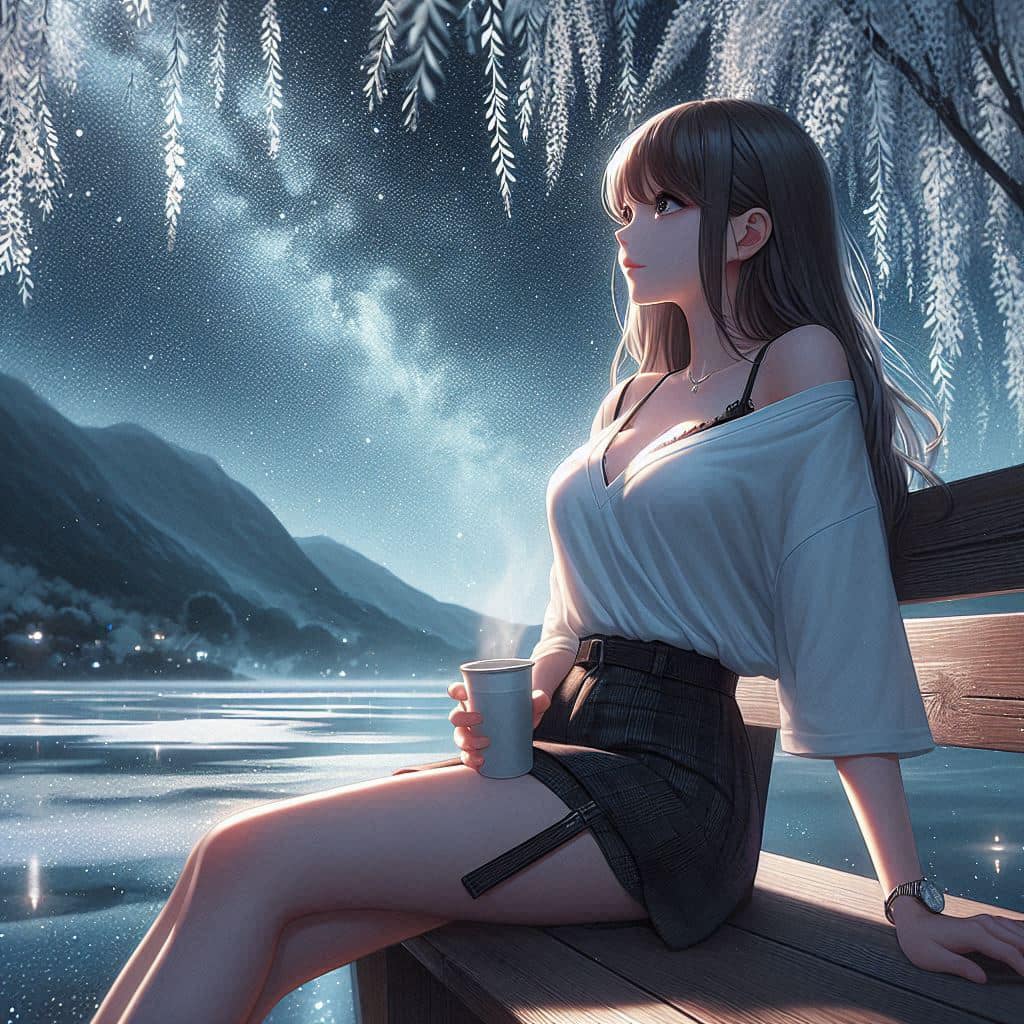 Night by the lake. Charming moon