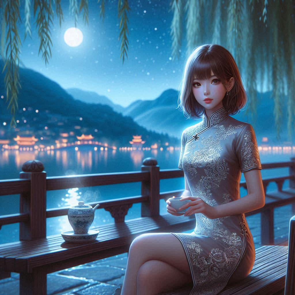 Night by the lake. Charming moon