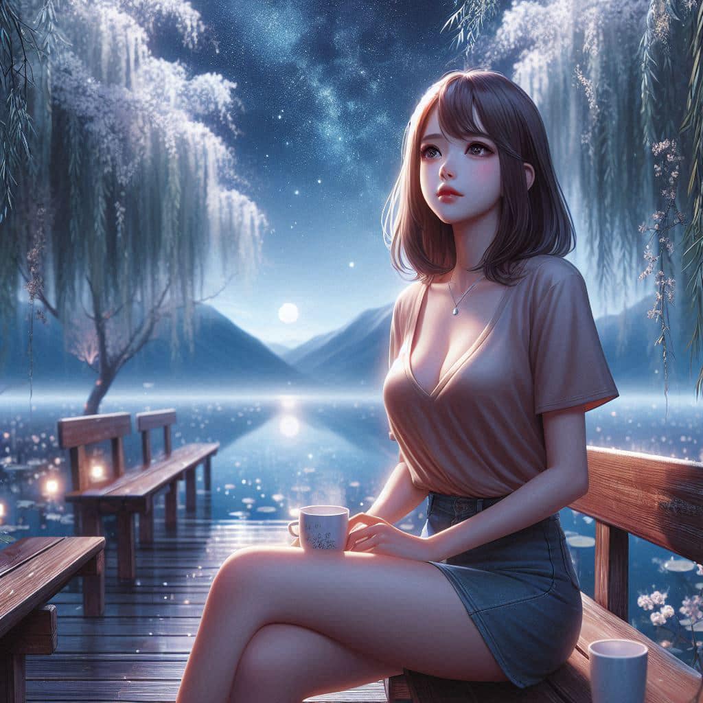 Night by the lake. Charming moon