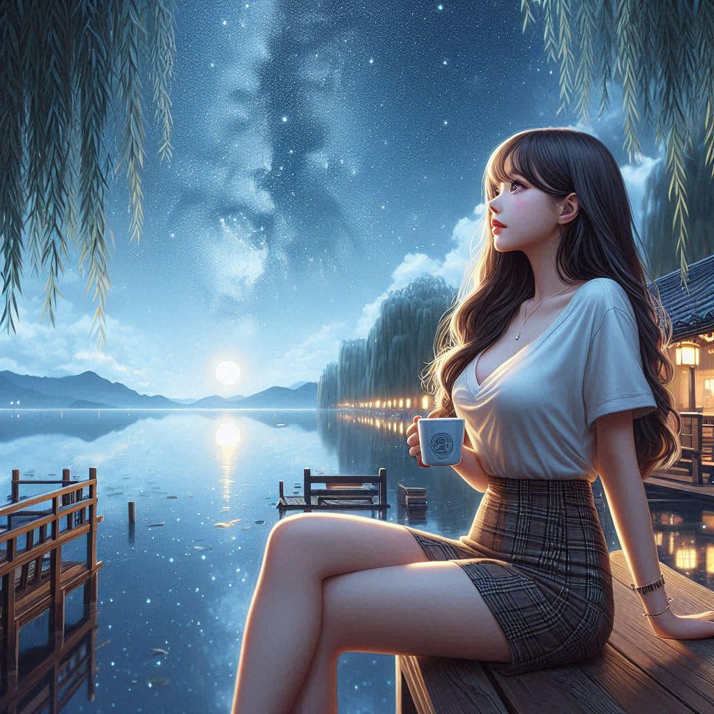 Night by the lake. Charming moon