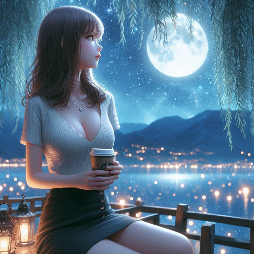 Night by the lake. Charming moon