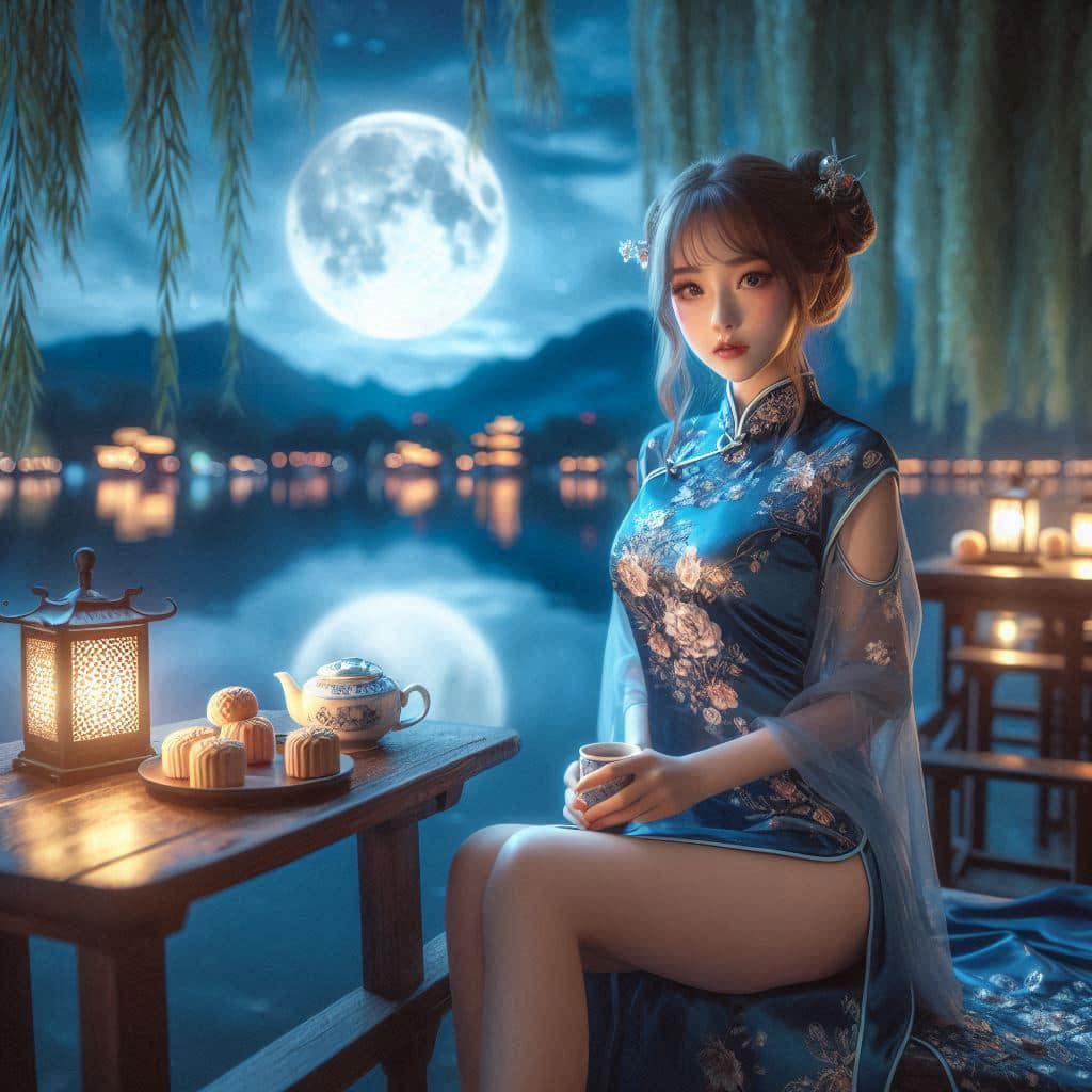 Night by the lake. Charming moon