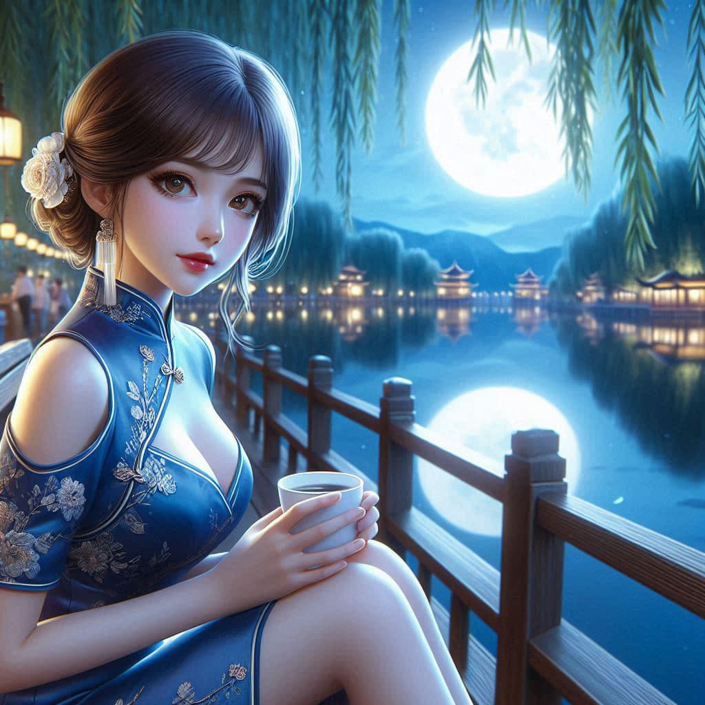 Night by the lake. Charming moon
