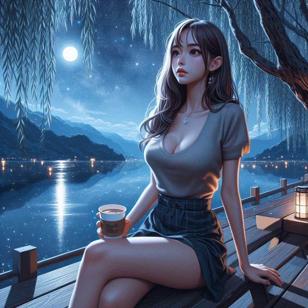 Night by the lake. Charming moon