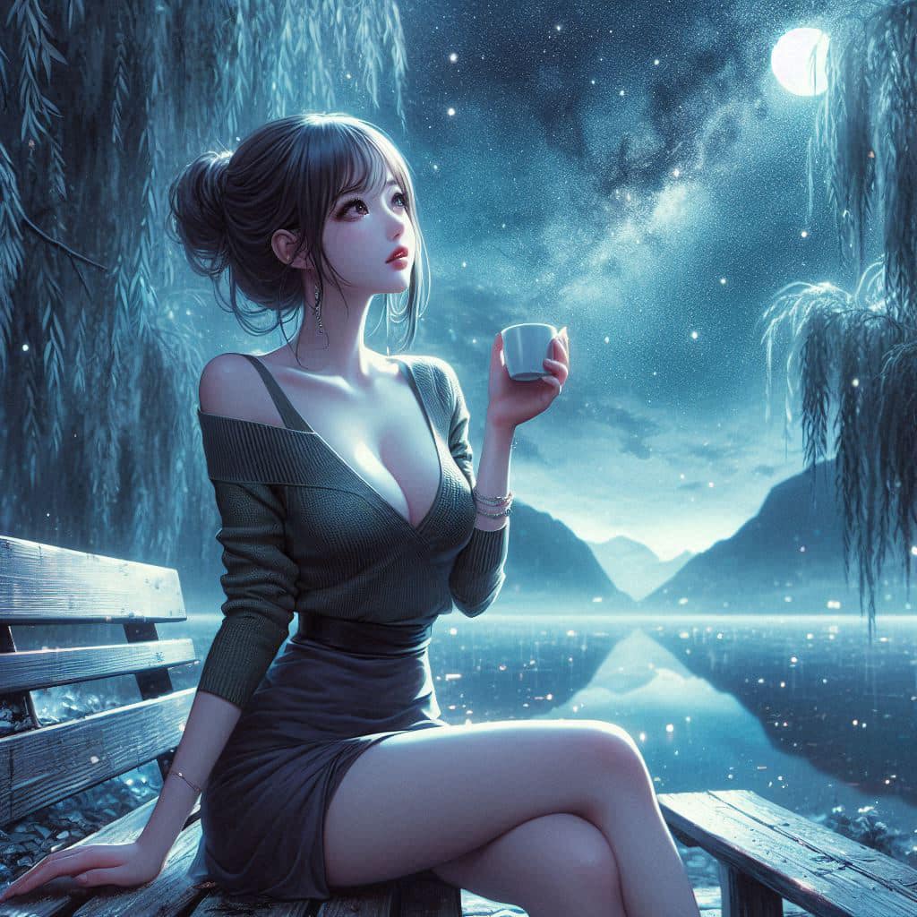 Night by the lake. Charming moon