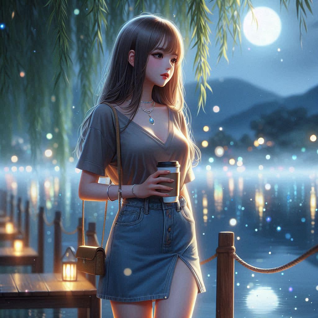 Night by the lake. Charming moon
