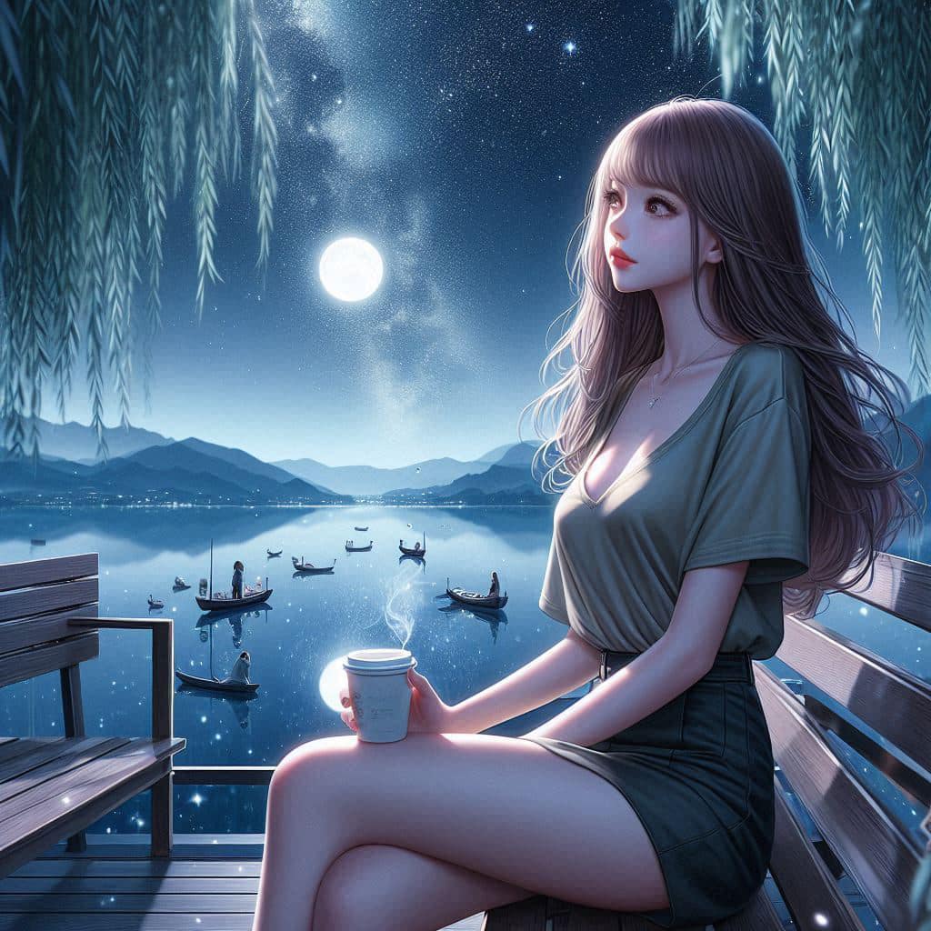Night by the lake. Charming moon