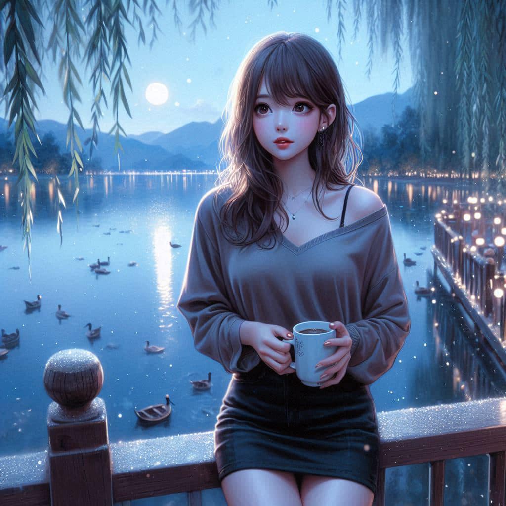 Night by the lake. Charming moon
