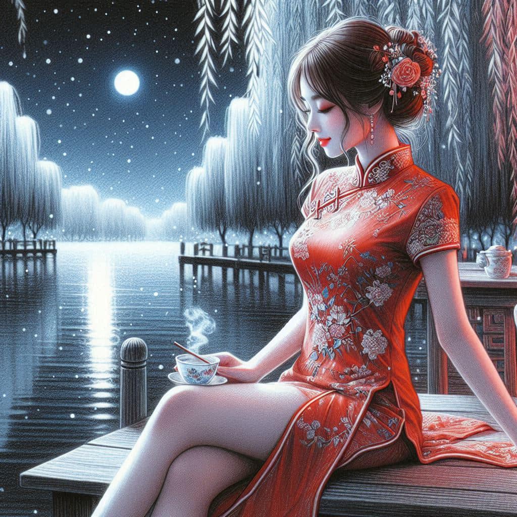 Night by the lake. Charming moon