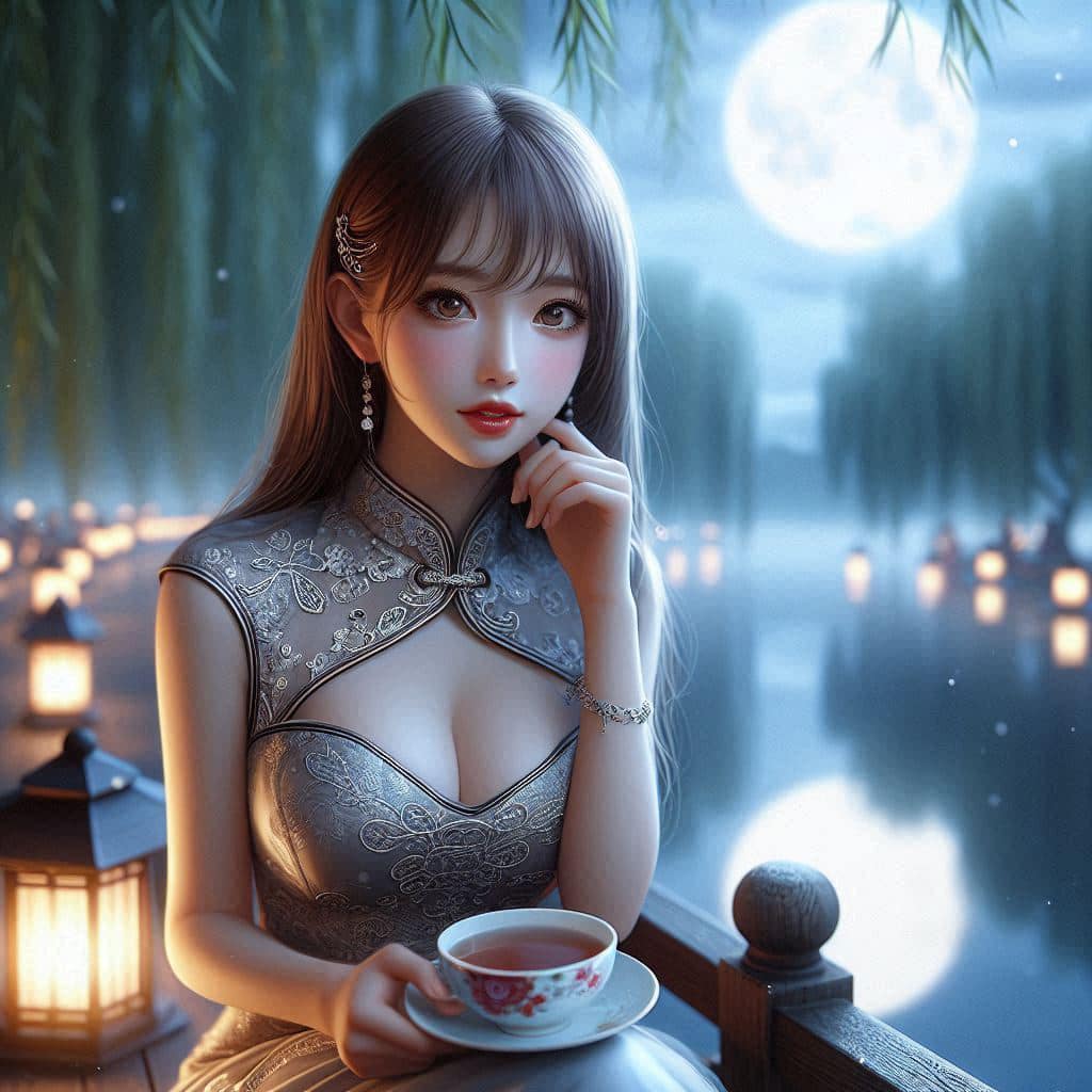 Night by the lake. Charming moon