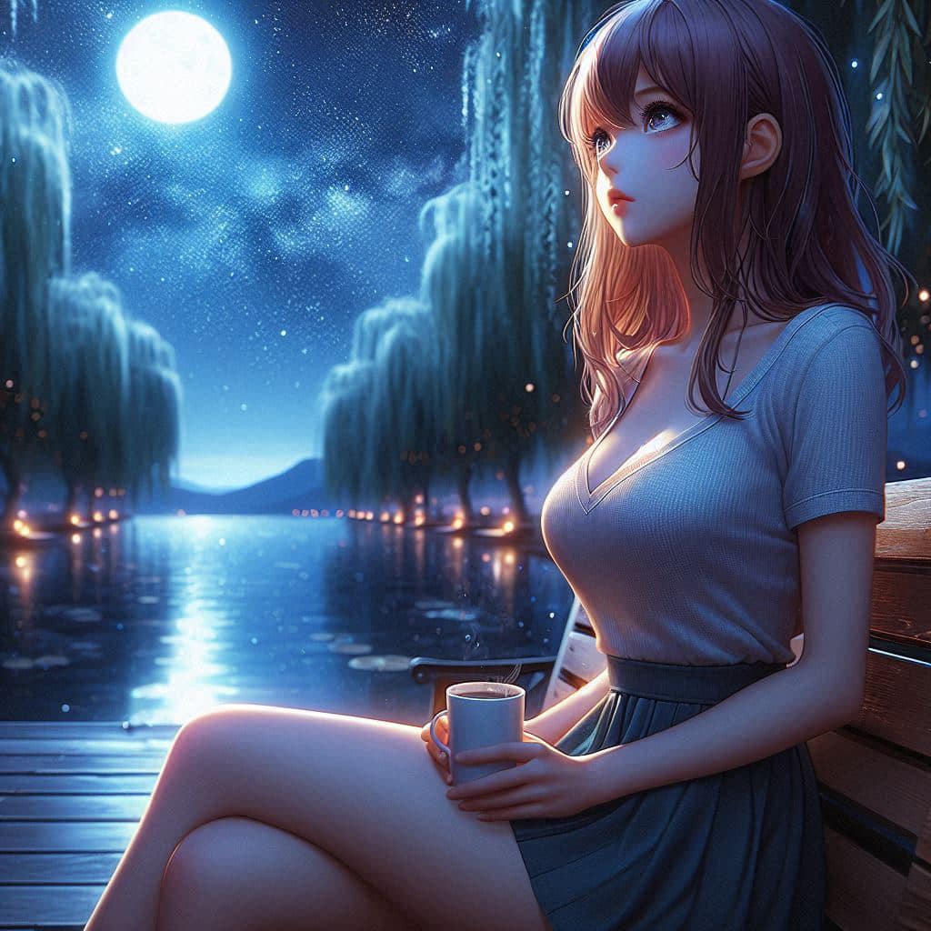 Night by the lake. Charming moon