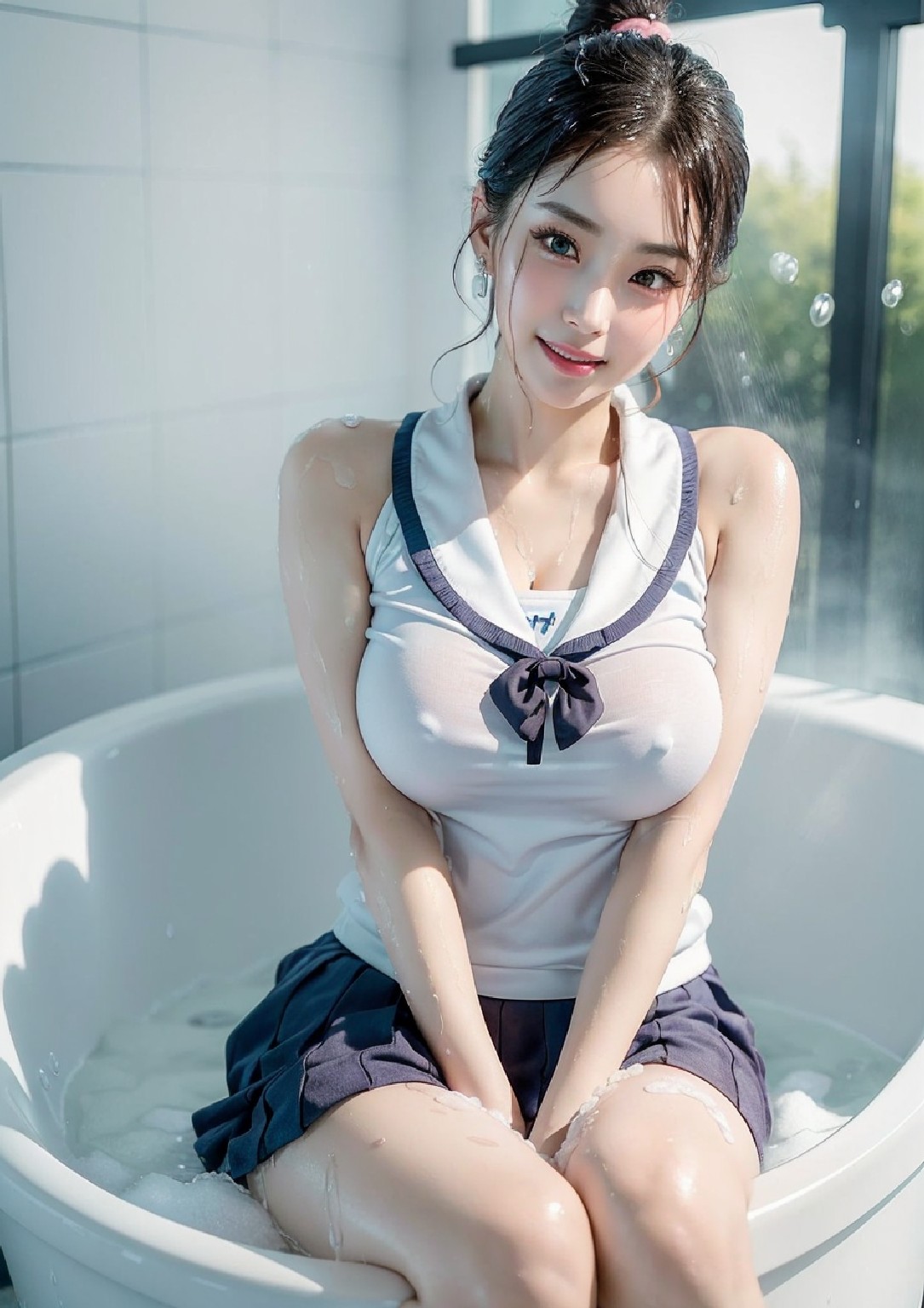The girl is in the bathtub and the bathtub is wet