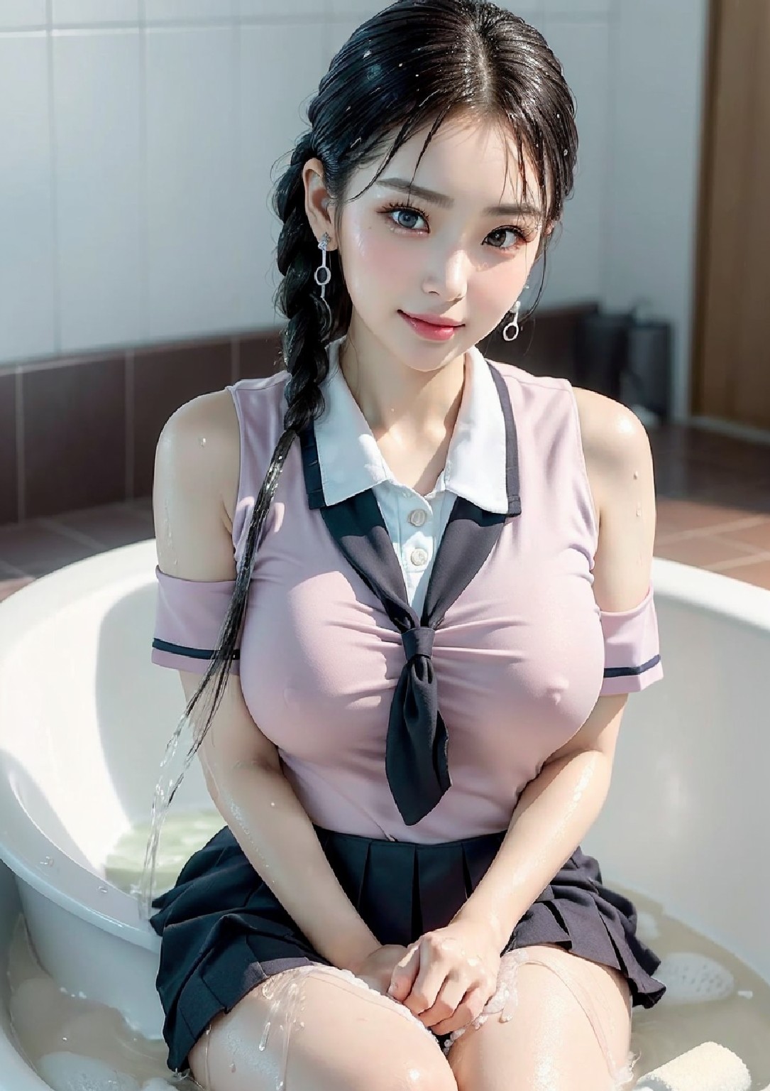 The girl is in the bathtub and the bathtub is wet