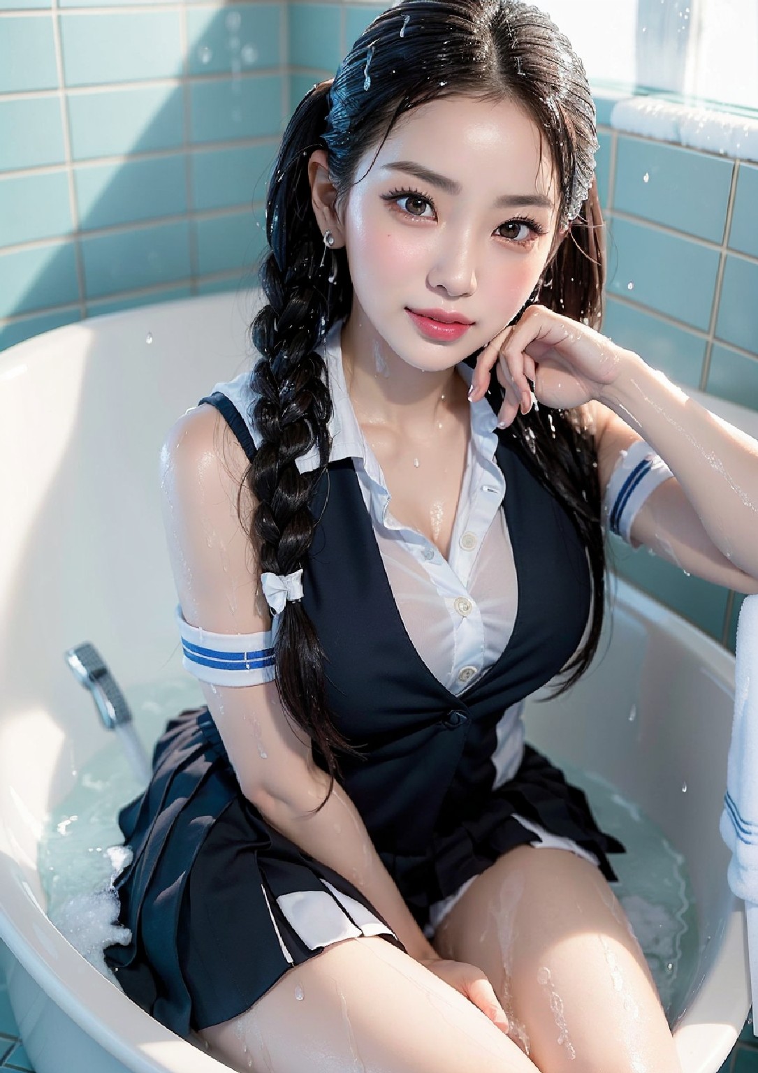 The girl is in the bathtub and the bathtub is wet