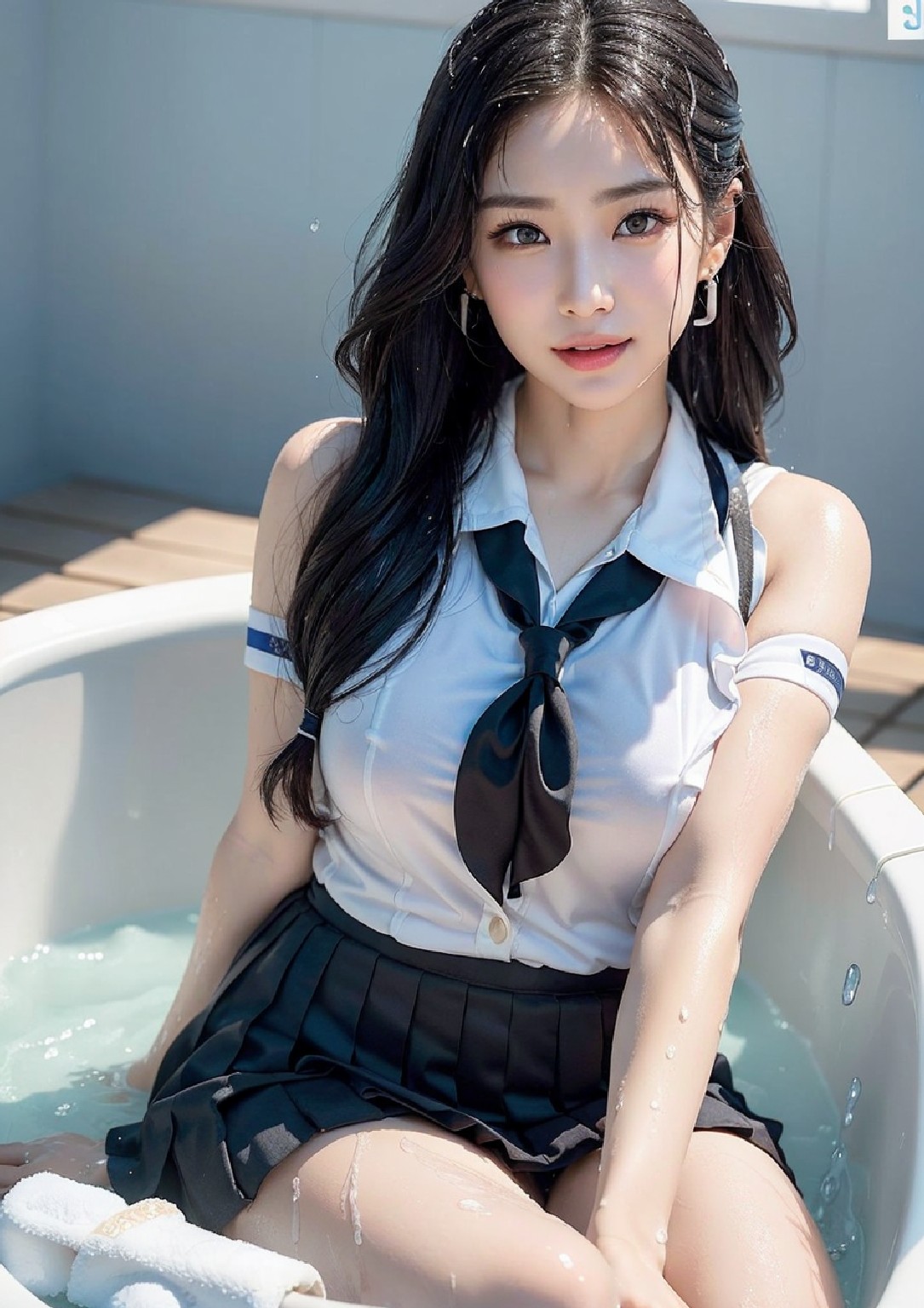 The girl is in the bathtub and the bathtub is wet
