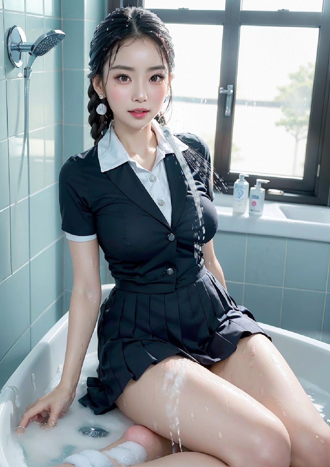 The girl is in the bathtub and the bathtub is wet