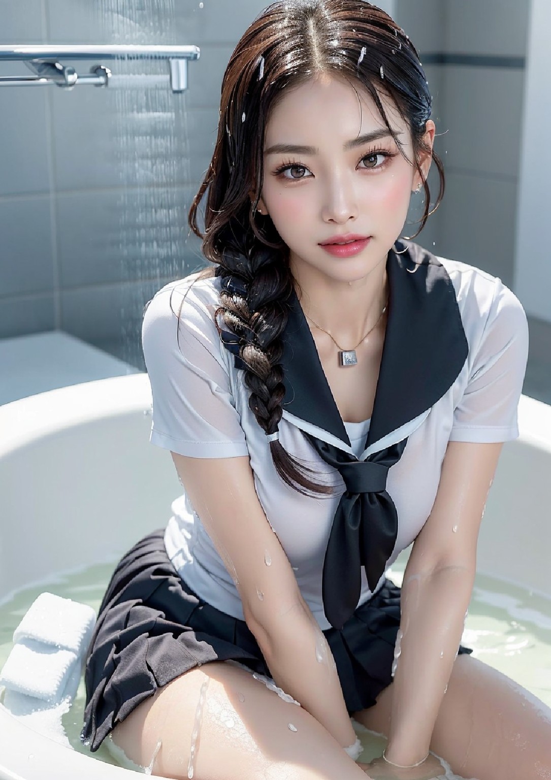 The girl is in the bathtub and the bathtub is wet
