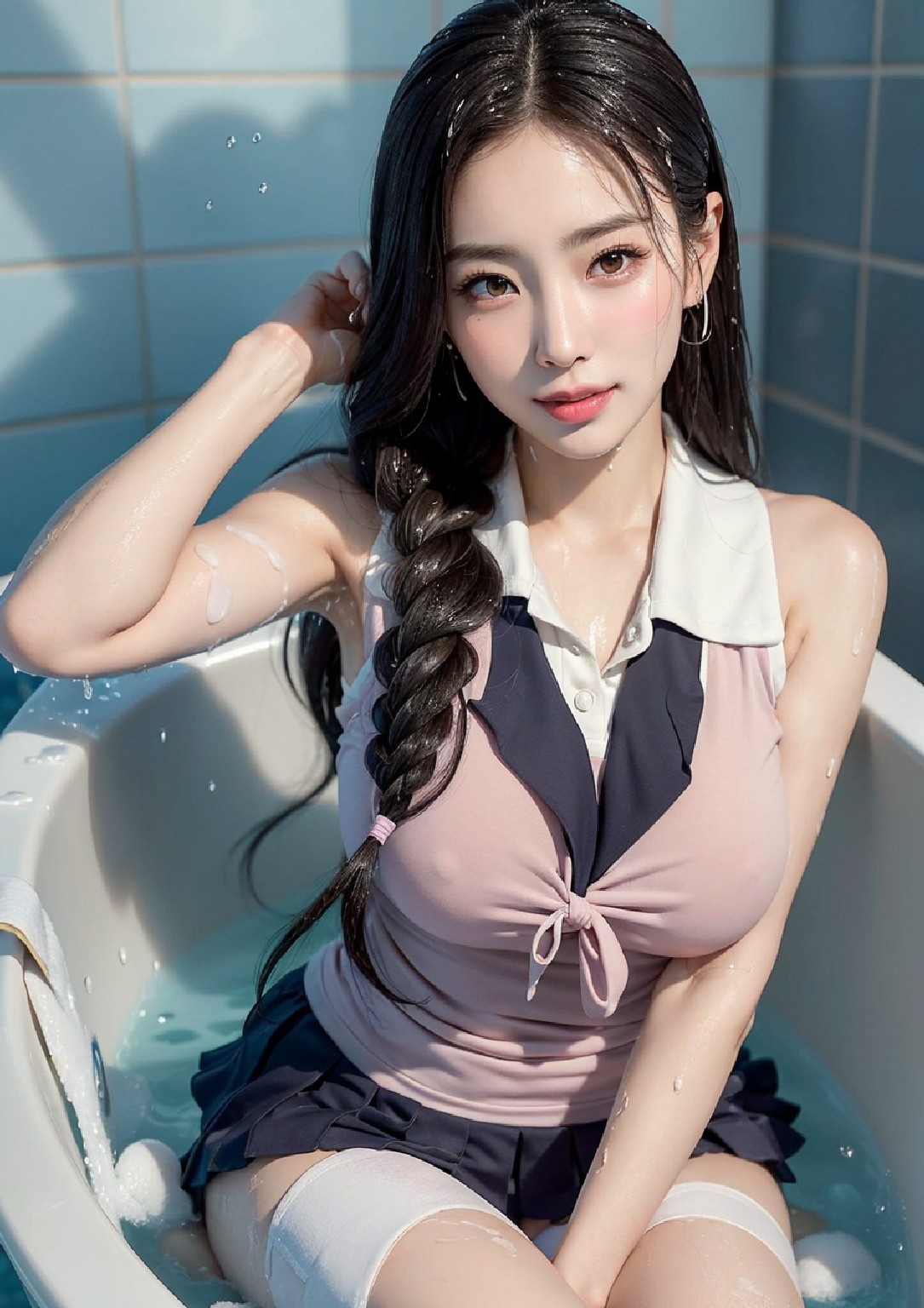 The girl is in the bathtub and the bathtub is wet