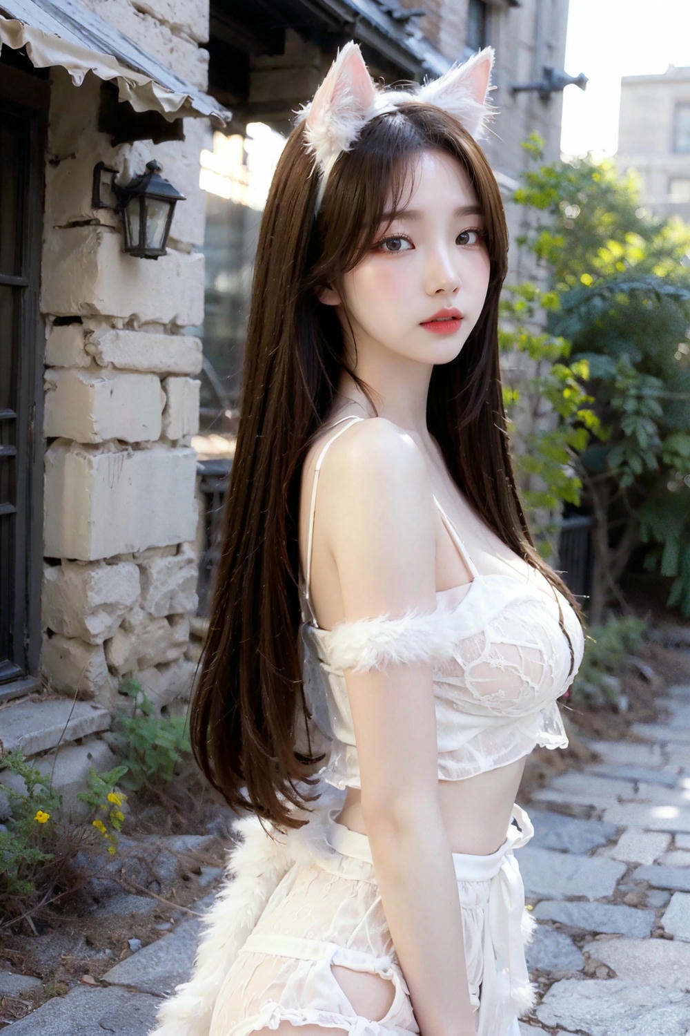 Collection - Enchanting Nymph in a Lace and Fur Ensemble Amidst Ancient Ruins -