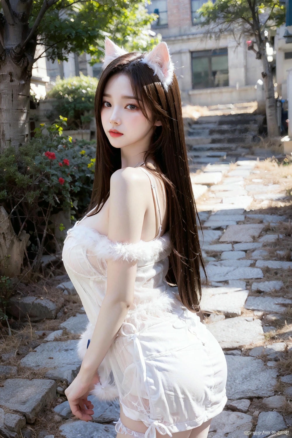 Collection - Enchanting Nymph in a Lace and Fur Ensemble Amidst Ancient Ruins -