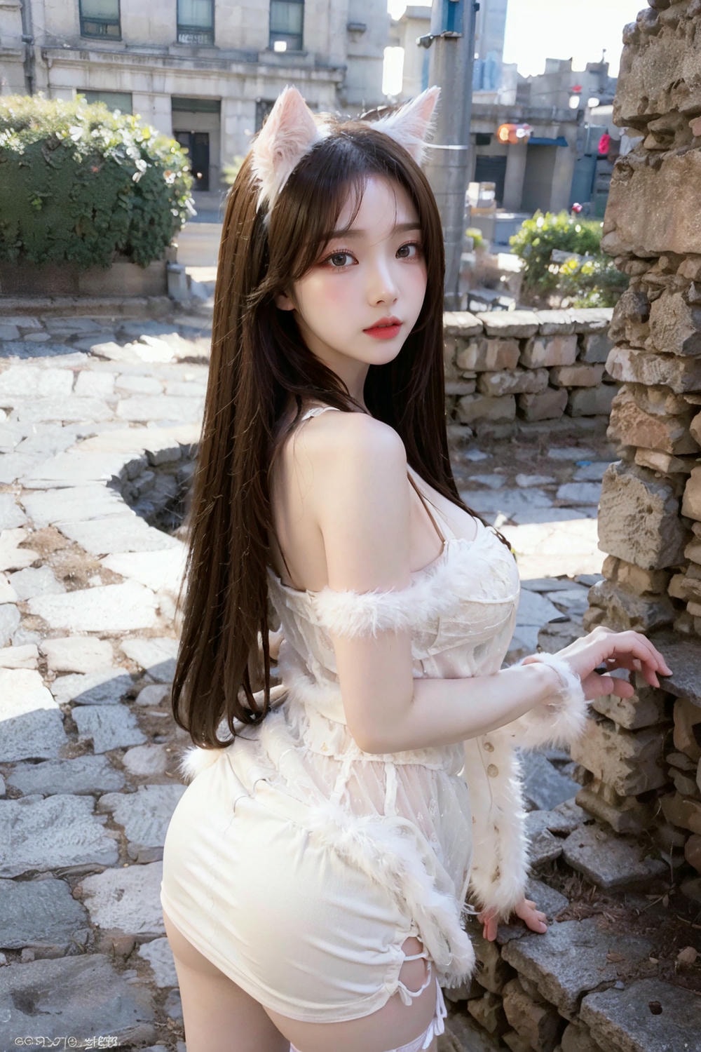 Collection - Enchanting Nymph in a Lace and Fur Ensemble Amidst Ancient Ruins -
