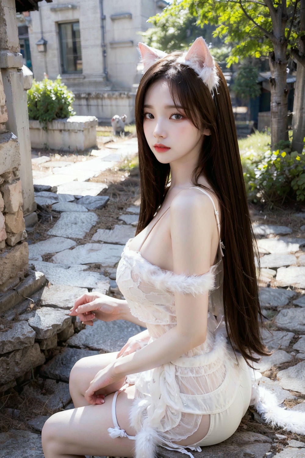 Collection - Enchanting Nymph in a Lace and Fur Ensemble Amidst Ancient Ruins -