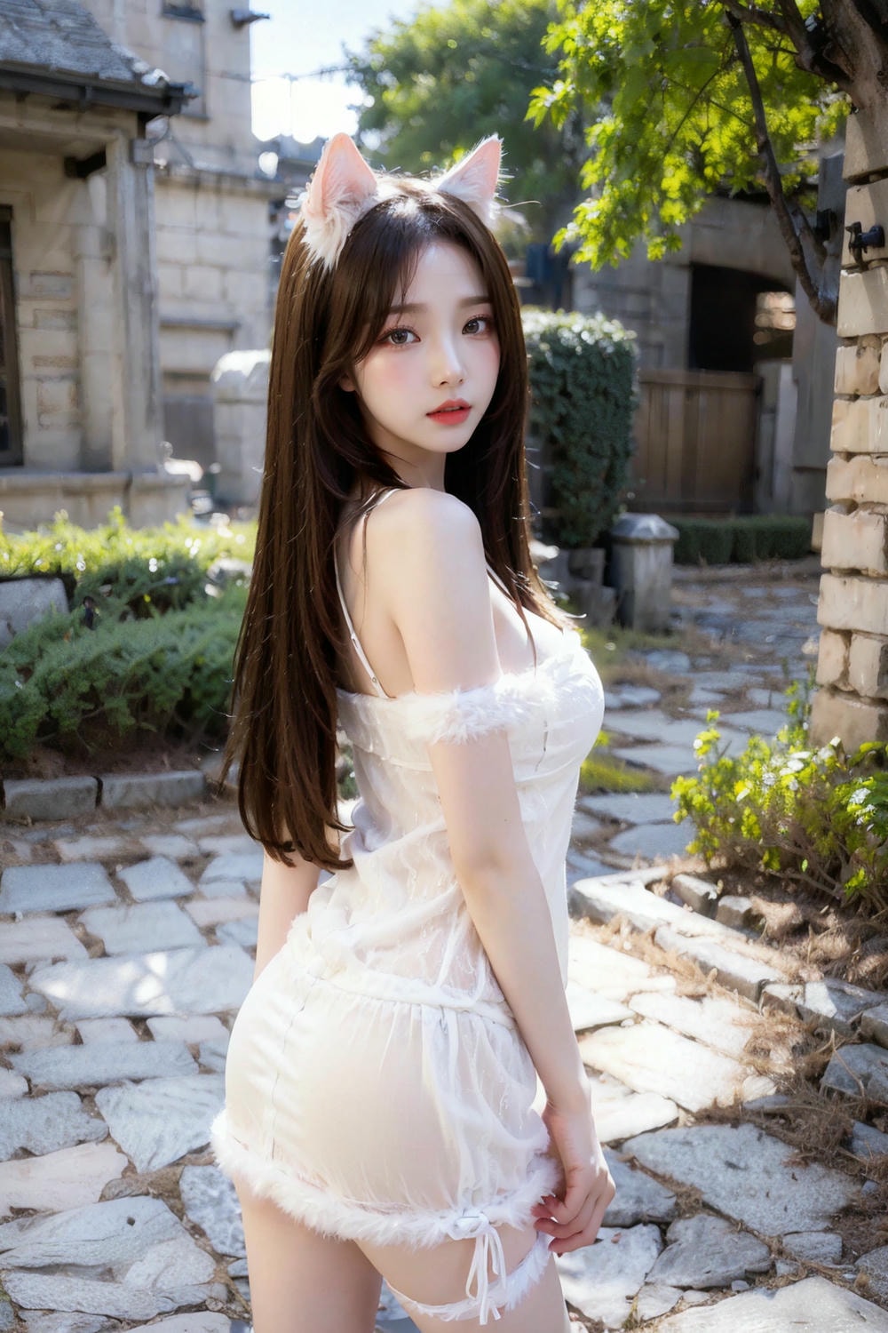 Collection - Enchanting Nymph in a Lace and Fur Ensemble Amidst Ancient Ruins -