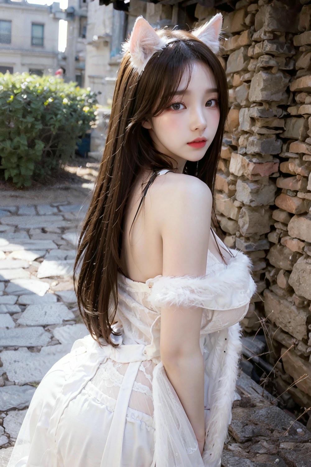 Collection - Enchanting Nymph in a Lace and Fur Ensemble Amidst Ancient Ruins -