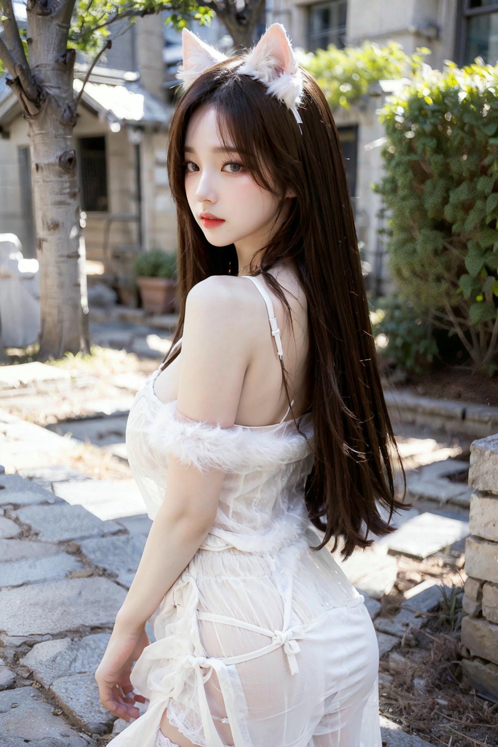Collection - Enchanting Nymph in a Lace and Fur Ensemble Amidst Ancient Ruins -