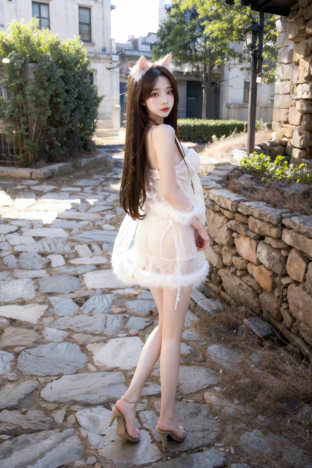 Collection - Enchanting Nymph in a Lace and Fur Ensemble Amidst Ancient Ruins -