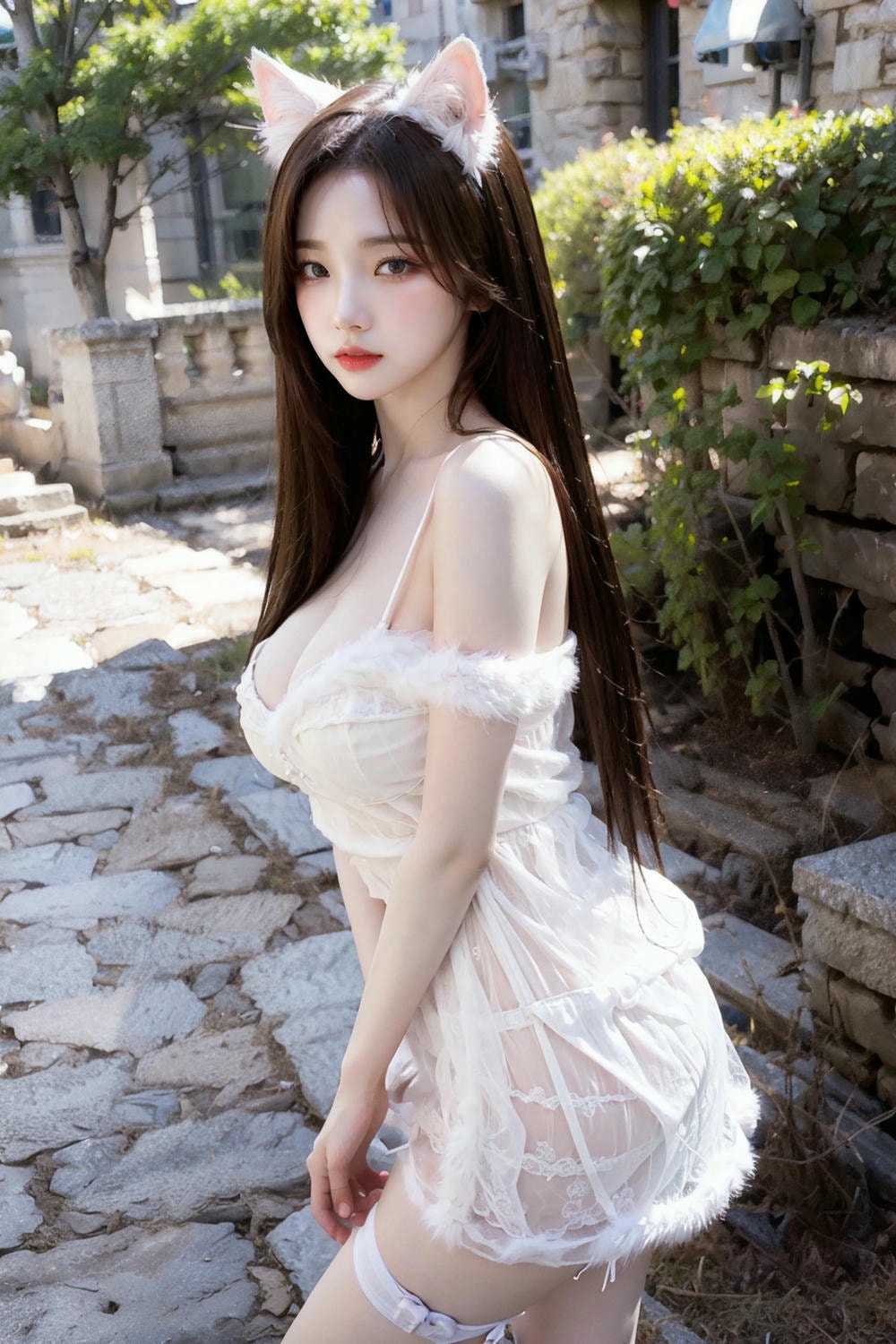 Collection - Enchanting Nymph in a Lace and Fur Ensemble Amidst Ancient Ruins -