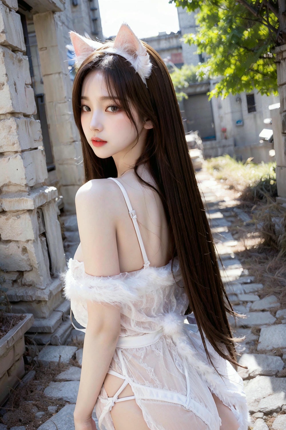 Collection - Enchanting Nymph in a Lace and Fur Ensemble Amidst Ancient Ruins -