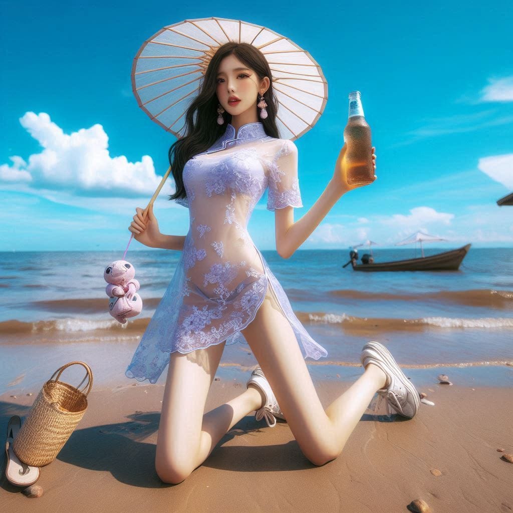 沙灘上的旗袍妹子