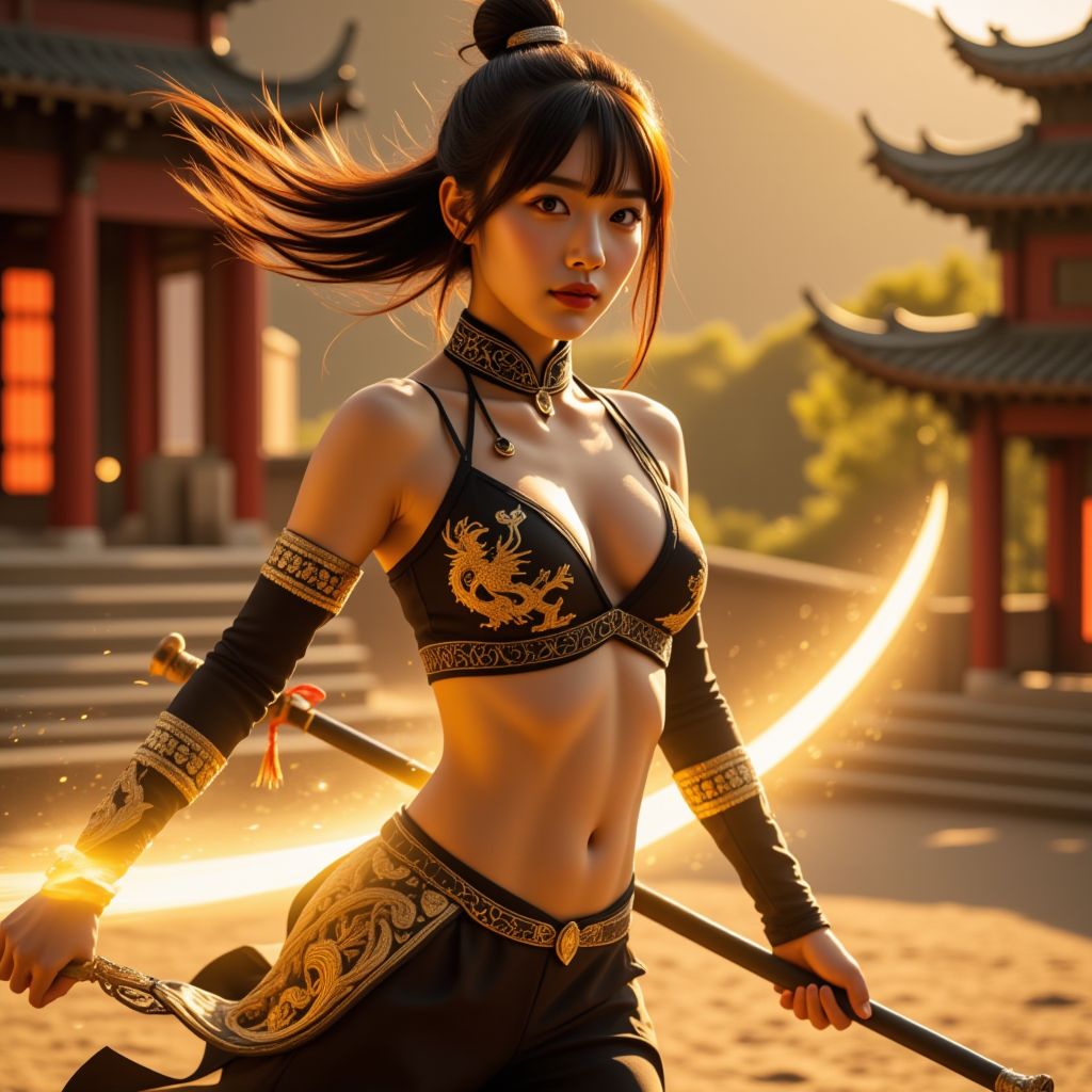 妹子舞劍．金色劍氣．英姿颯爽