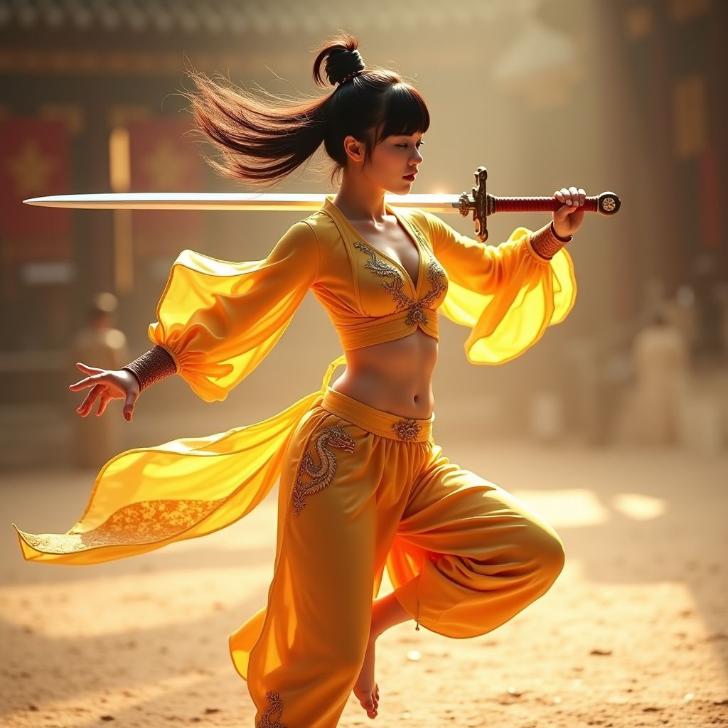 妹子舞劍．金色劍氣．英姿颯爽