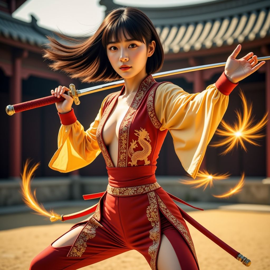 妹子舞劍．金色劍氣．英姿颯爽