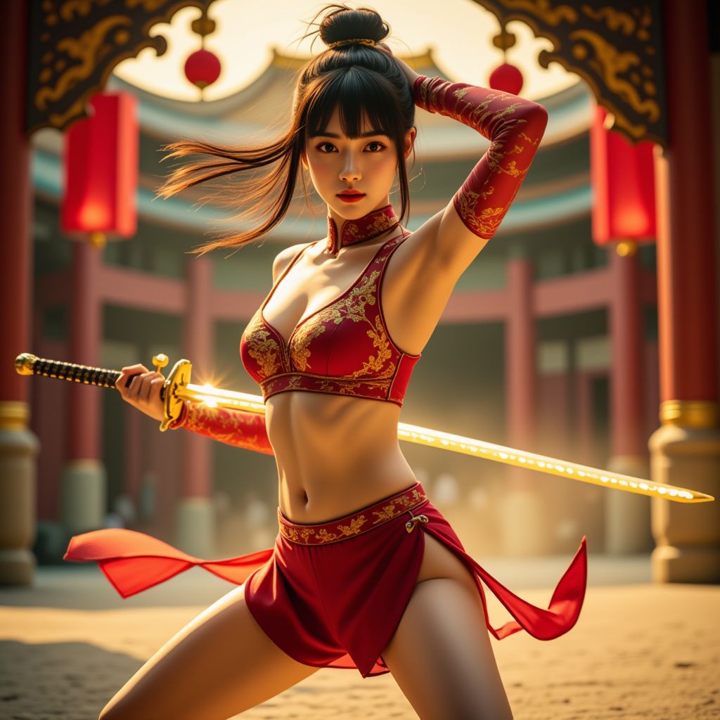 妹子舞劍．金色劍氣．英姿颯爽