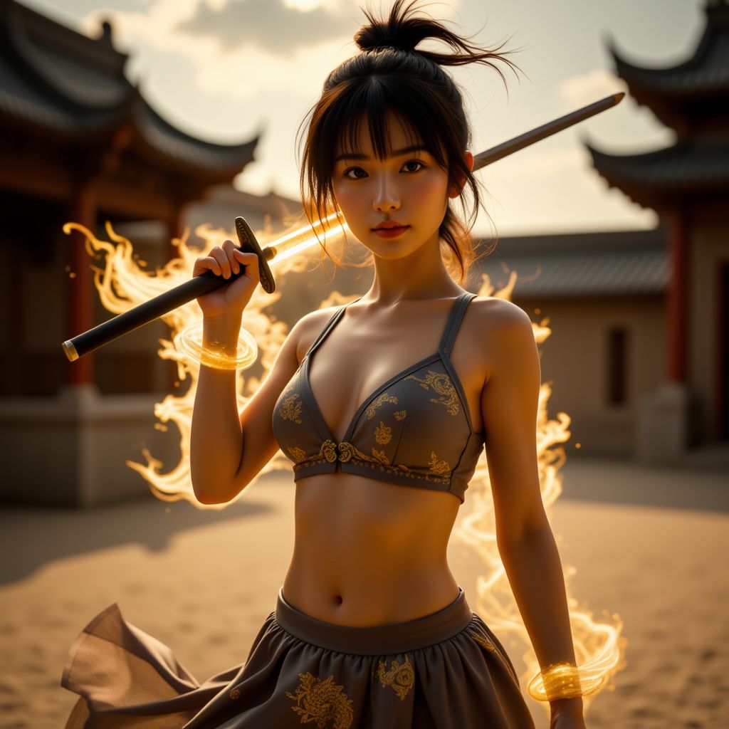 妹子舞劍．金色劍氣．英姿颯爽