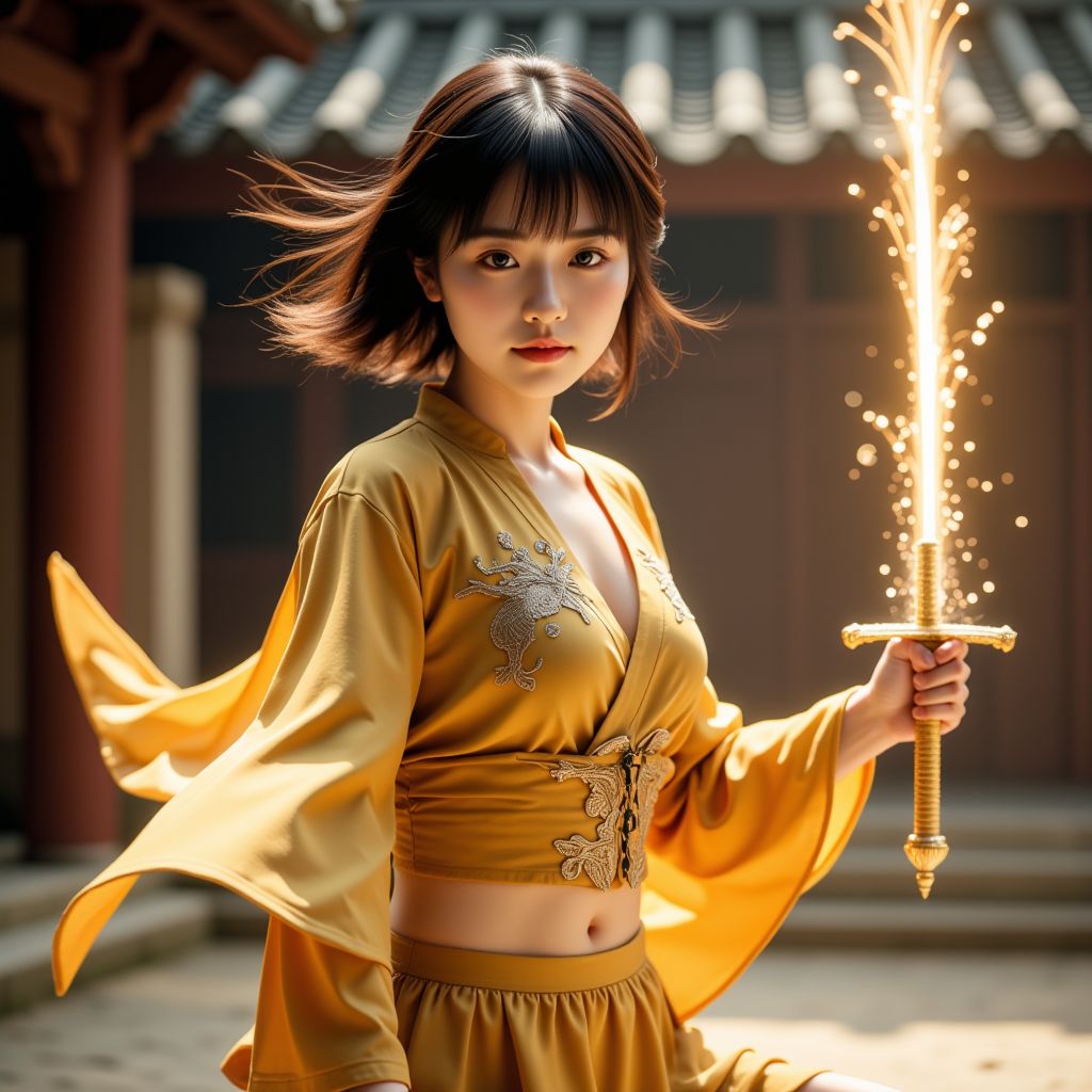 妹子舞劍．金色劍氣．英姿颯爽