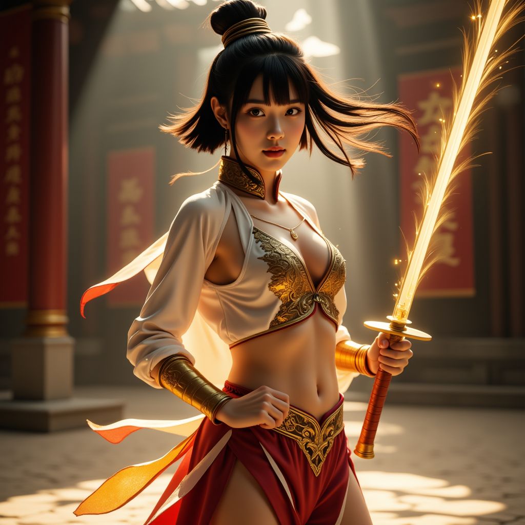 妹子舞劍．金色劍氣．英姿颯爽