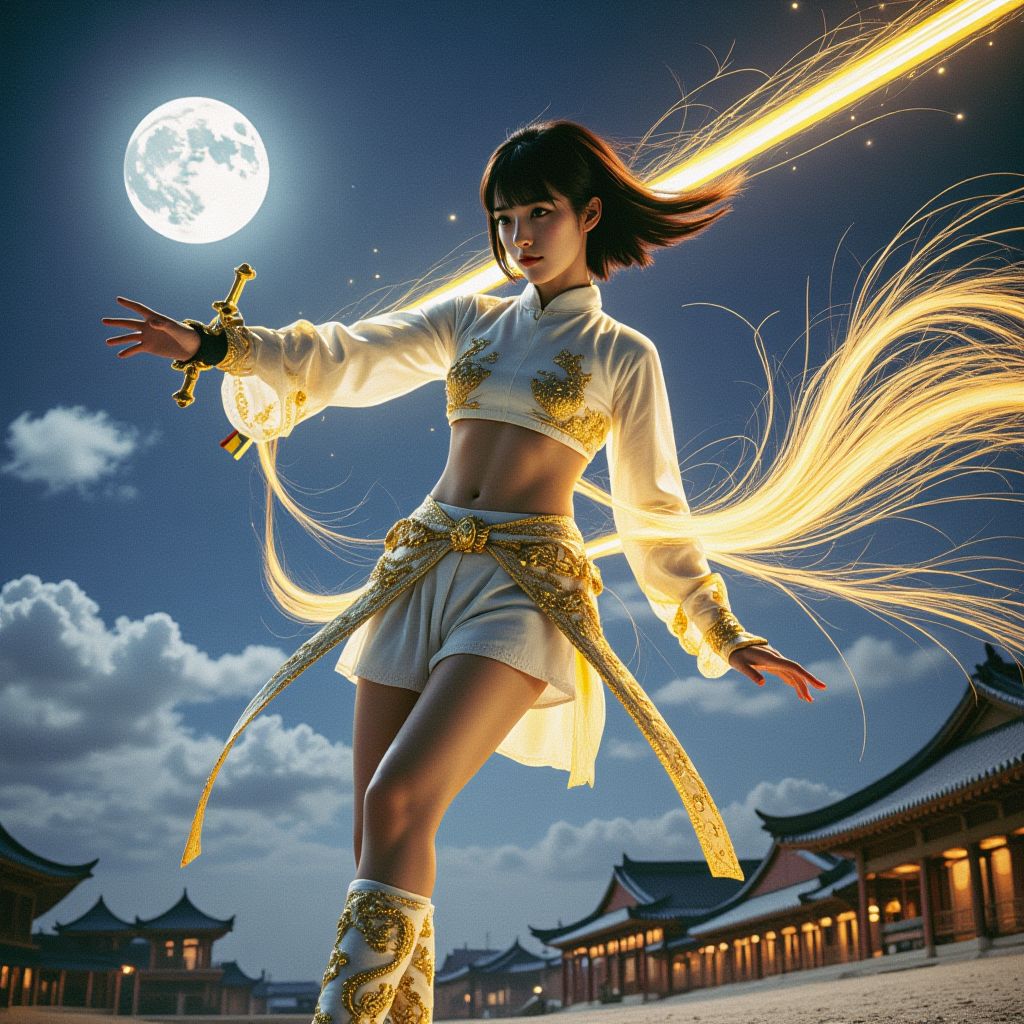 妹子舞劍．金色劍氣．英姿颯爽