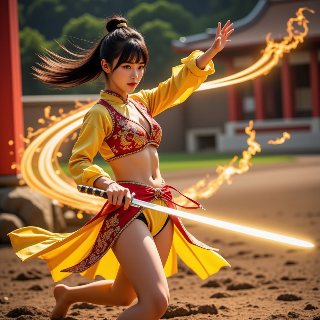 妹子舞劍．金色劍氣．英姿颯爽