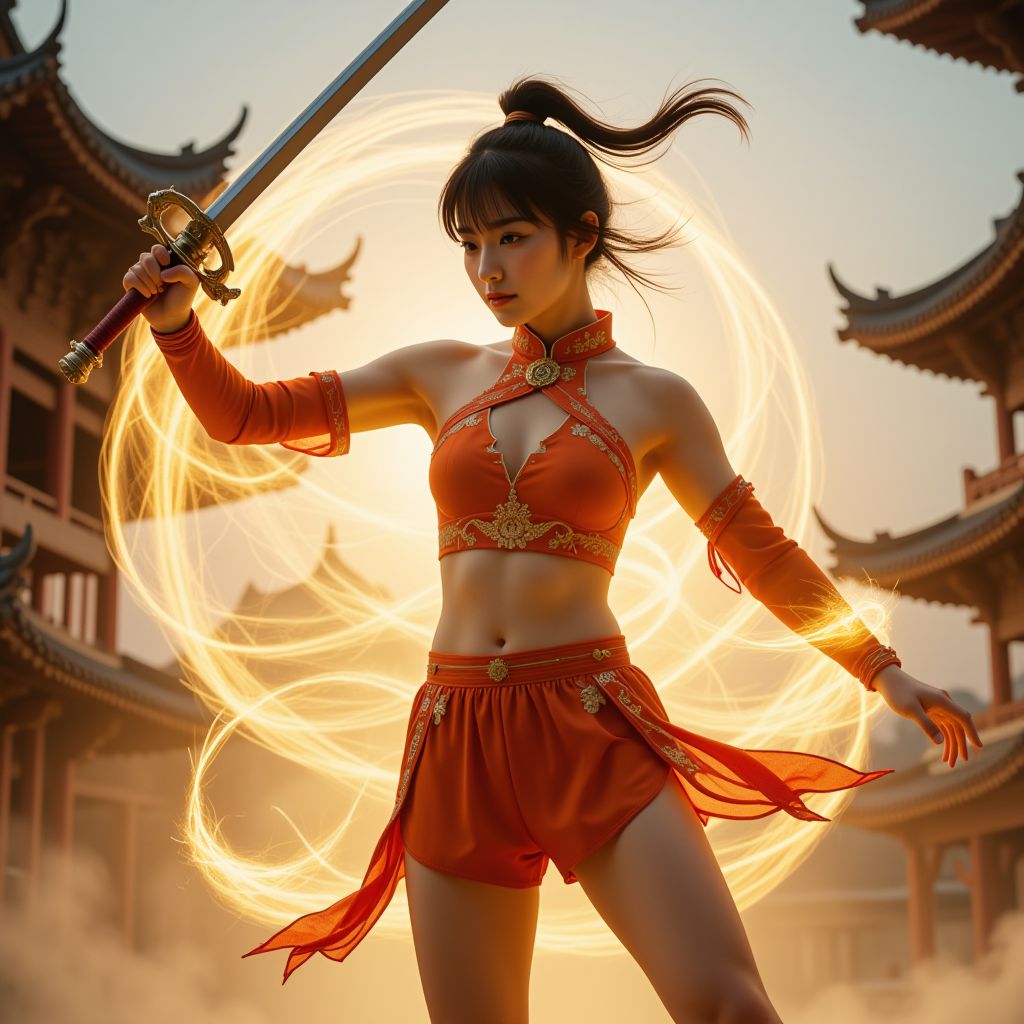 妹子舞劍．金色劍氣．英姿颯爽