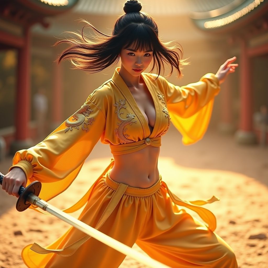 妹子舞劍．金色劍氣．英姿颯爽