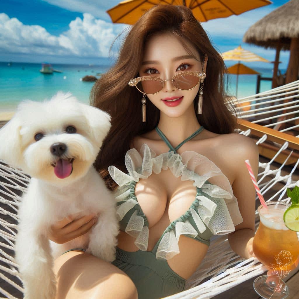 妹子海邊戲水與狗狗
